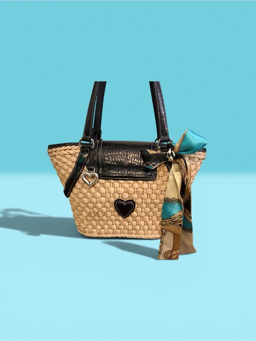 Brighton brand Woven Shoulder Tote with Black Trim and Heart Charm - Picture 3 of 15